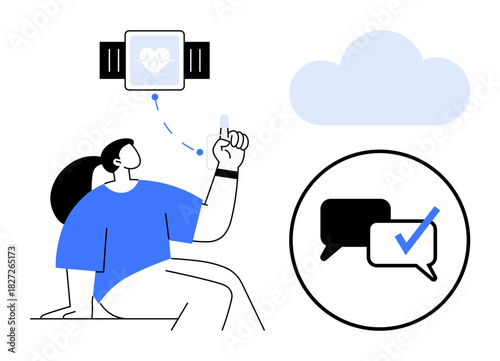 Person interacting with a smartwatch displaying heart rate, cloud synchronization, chat icon with check mark. Ideal for healthcare, fitness, wellness, technology, connectivity, communication