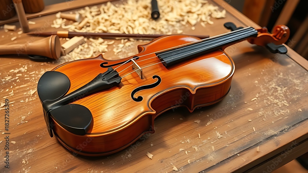 Obraz premium entitling. Unfinished violin on a workbench surrounded by wood shavings, warm wood tones and traditional craftsmanship. safety posters.