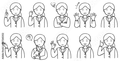 ポーズをとる若い女性のイラストセット　1色