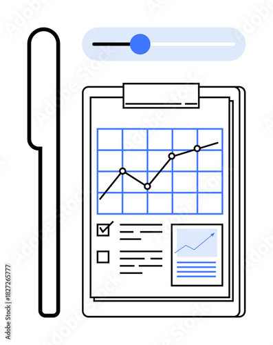 Pen next to clipboard featuring charts, checklist, and analytics, with slider bar for adjustments. Ideal for business, planning, productivity, data analysis customization research strategy. Simple