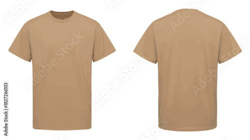 Front And Back View Of A Plain Tan Short Sleeve T Shirt On White Background apparel clothing