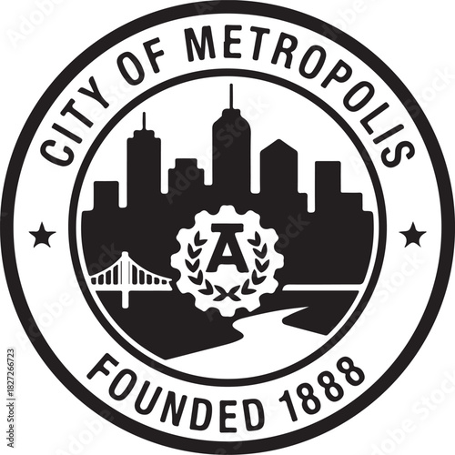 City of metropolis emblem featuring skyline stars and founding date