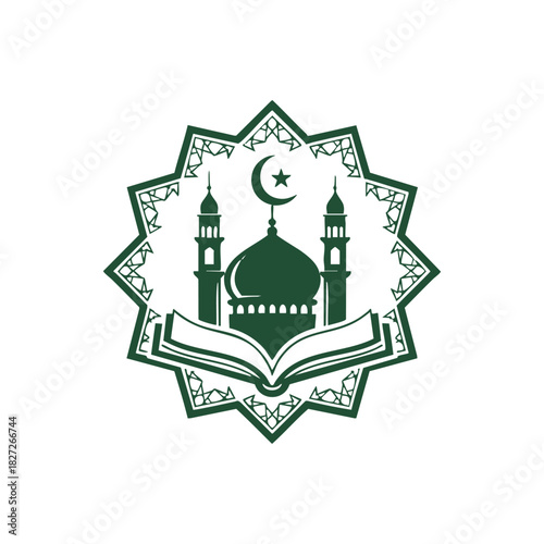Sacred Islamic Emblem: Mosque, Open Book, Crescent Moon, Star Motif