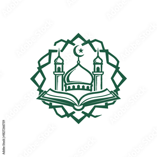 Green Mosque Dome Minarets Crescent Star Open Book Geometric Pattern Design