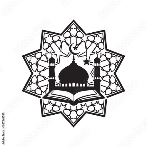 Elegant Islamic Mosque and Holy Book Silhouette with Ornate Geometric Star Design