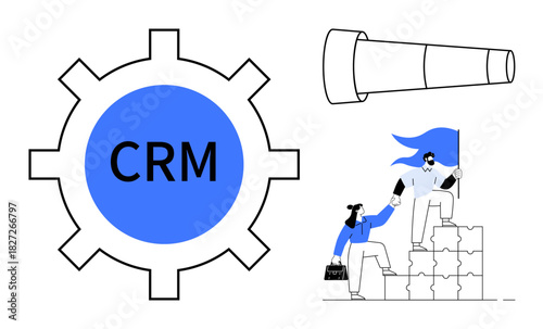 Gear labeled CRM beside a telescope and teamwork on stacked blocks, symbolizing customer relationship management, collaboration, strategic thinking, leadership, growth, problem-solving, and progress