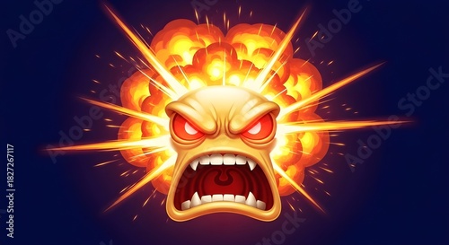Screaming angry monster head with fiery burst and intense rage
