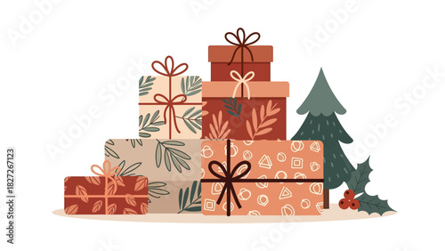 A festive pile of beautifully wrapped Christmas gifts and presents next to a small pine tree