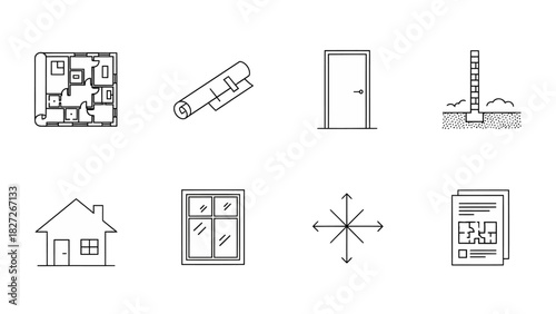 Architectural design and construction icons for building planning and property development projects