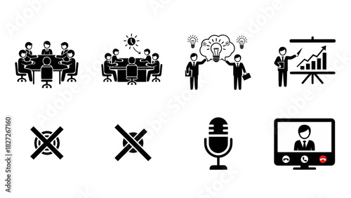 Remote Work Collaboration Icons Set Meetings, Ideas, Audio, Video Conference