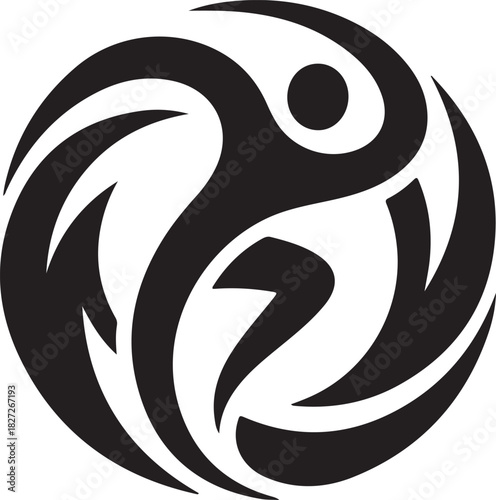 Abstract black and white yin yang symbol with a human silhouette