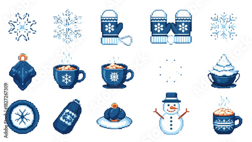 Charming Pixel Art Winter Icon Collection Cozy Holiday and Cold Weather Graphic Elements Set