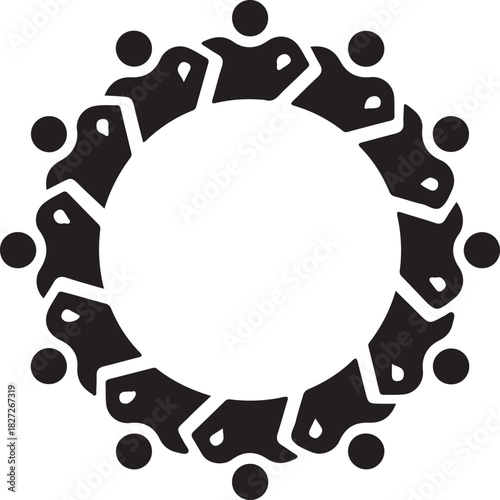 A simple black silhouette of a group of people in a circular formation