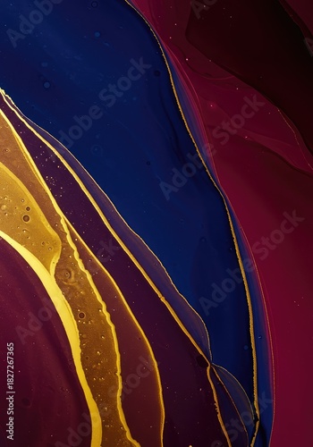 Dynamic flowing abstract artwork featuring vibrant sapphire, gold, and crimson tones, creating an expressive, modern artistic background texture, expressionist, gold, vibrant