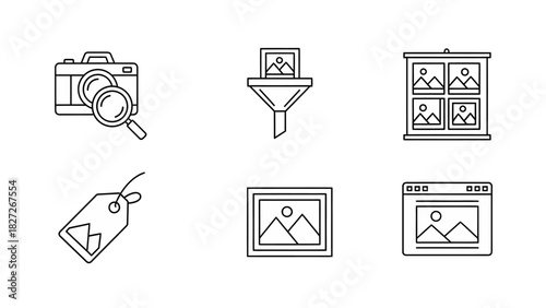 Collection of vector outline icons representing image search, filter, tagging, and web gallery features