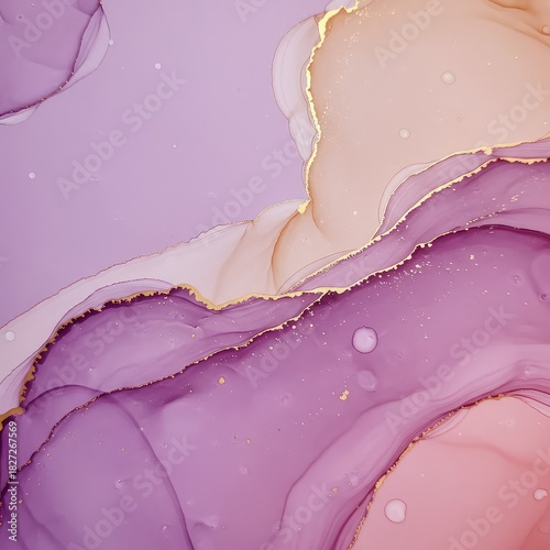 Fluid digital art texture featuring delicate, flowing gradients of light purple, soft pink, and muted gold tones. Elegant abstract pattern, gold, subtle, pink