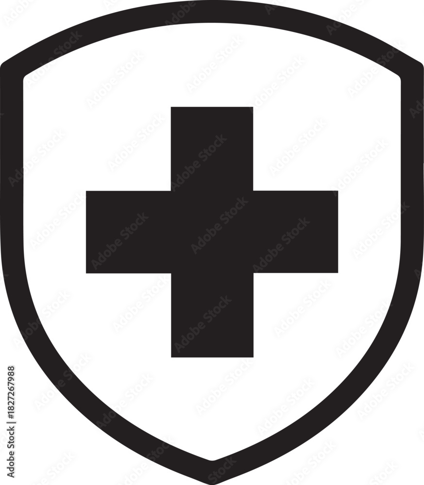 Obraz premium Black shield with a white plus sign medical symbol protection concept