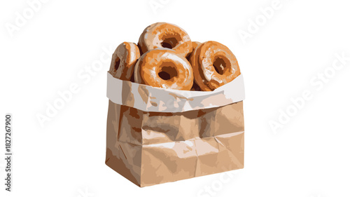 Paper Bag Filled with Glazed Doughnuts on White Background donuts food