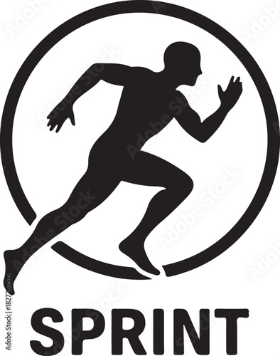 A silhouetted runner within a circular frame with the word sprint below