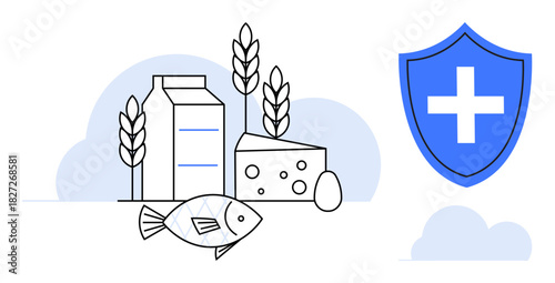 Milk carton, wheat stalks, cheese wedge, fish, egg, and blue shield with cross symbol. Ideal for nutrition, health food safety healthcare diet wellness and protection concepts. Clean flat design