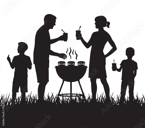 Family enjoying a summer barbecue outdoors with burgers on the grill silhouette