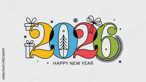 Colorful Minimalist Happy New Year 2026 Greeting Card with Festive Decorations