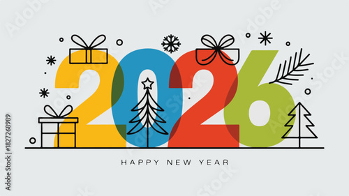 Modern minimalist 2026 Happy New Year greeting card with presents, snowflake, and christmas trees