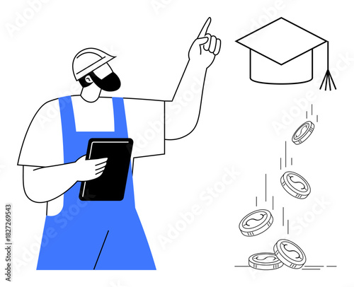Construction worker holding tablet points at graduation cap, coins falling below. Ideal for education funding, career development, higher education, skilled labor, financial planning, workforce