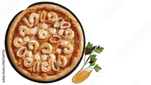 Seafood Pizza with Shrimp and Calamari on a Round Platter with Lemon Slice and Parsley squid