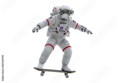 Astronaut enjoying skateboarding adventure representing space exploration, fun, and cosmic freedom, symbolizing dreams and pushing boundaries in a playful and imaginative way