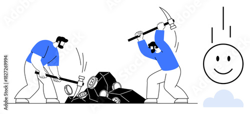 Mining teamwork. Mining teamwork by two individuals breaking stones with tools, highlighting collaboration and hard work. Mining teamwork for productivity, apps, visuals, education, teamwork