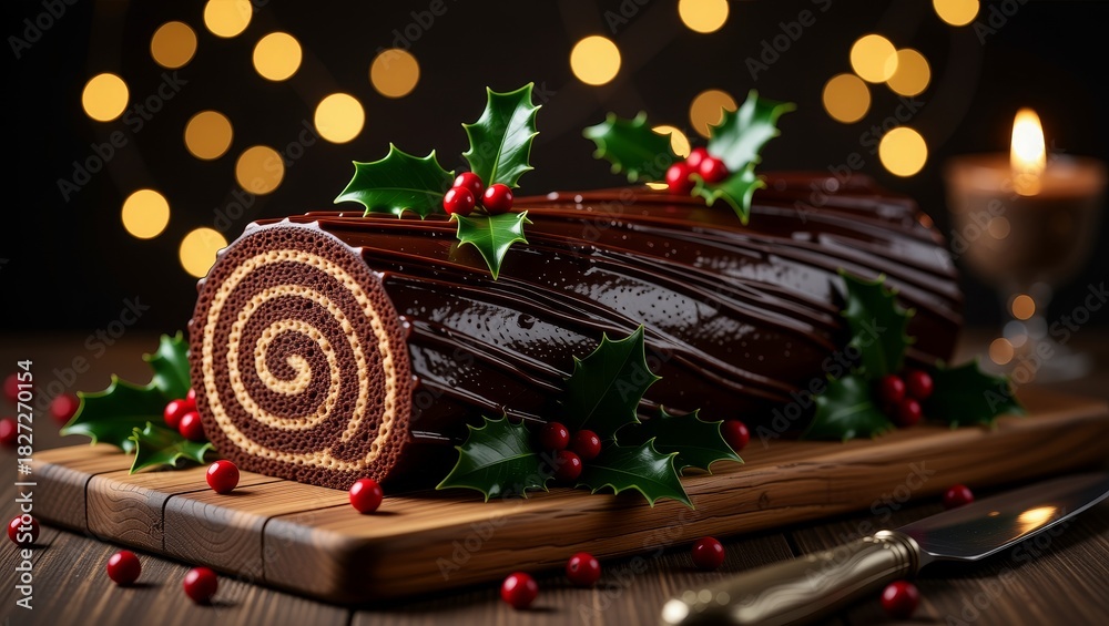 custom made wallpaper toronto digitalChocolate roll cake with holly berries on wooden board