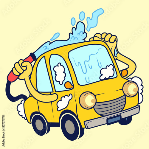 Cartoon Yellow Car Wash Himself with Happy Face