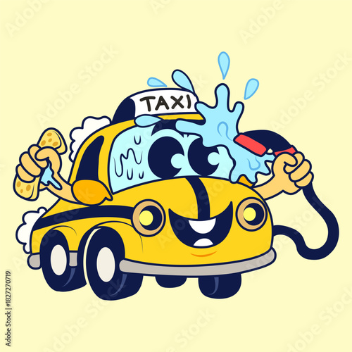 Cartoon Taxi Car Wash Himself with Happy Face