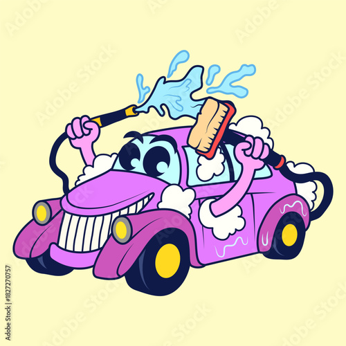 Cartoon Vintage Purple Car Wash Himself with Happy Face
