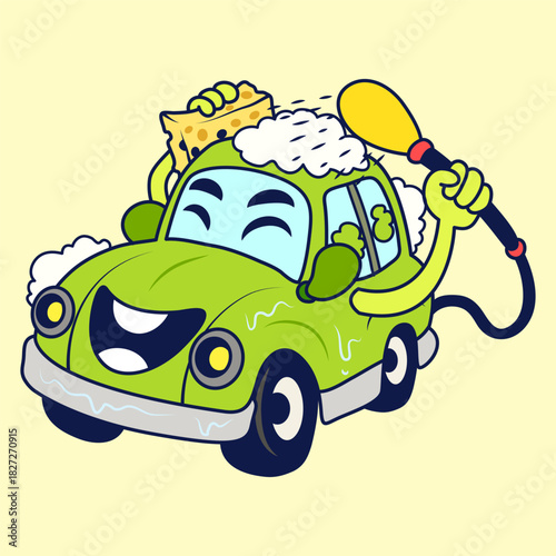 Cartoon Green Car Wash Himself with Happy Face