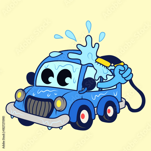 Cartoon Blue Car Wash Himself with Happy Face