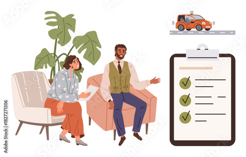 Two individuals talking on armchairs near a clipboard with completed tasks. A car driving on the road above. Ideal for teamwork, collaboration, planning, transportation, goals, productivity, simple