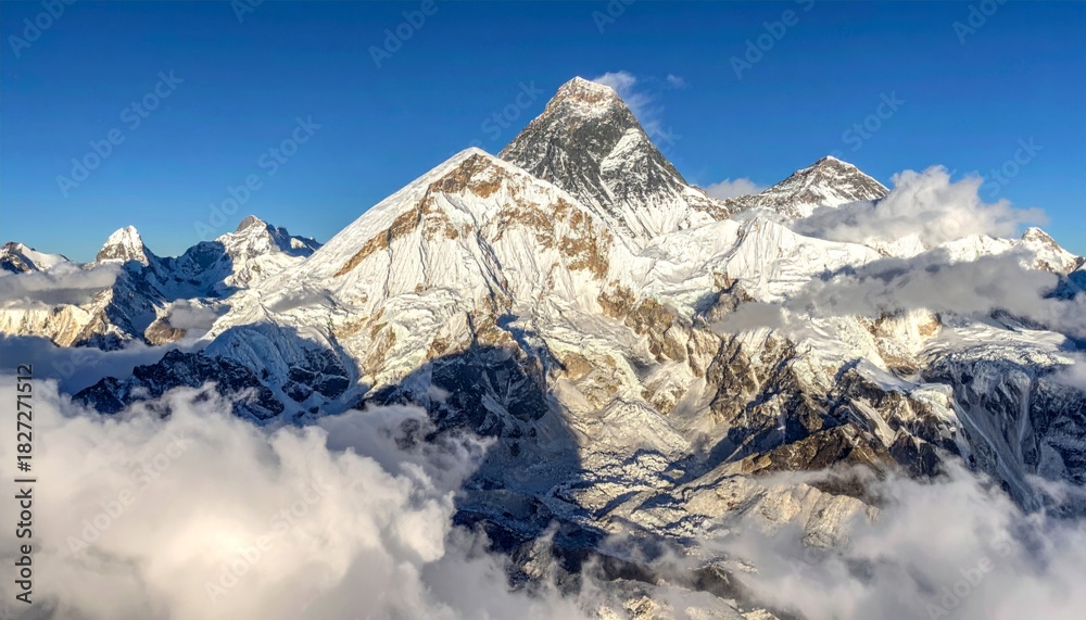 Obraz premium Majestic Mountain Peaks Emerging from Clouds with Clear Blue Sky