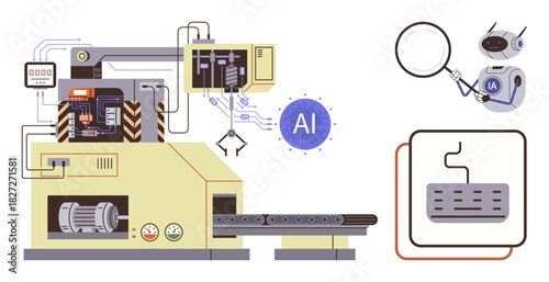 Conveyor with industrial robot, control panel, and AI analysis robot examining chip. Ideal for automation, artificial intelligence, machine learning, robotics, technology, innovation simple flat