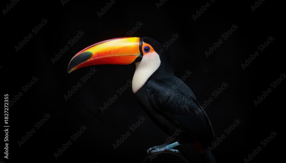 Naklejka premium A vibrant toucan bird with a large, colorful beak, perched against a stark black background.