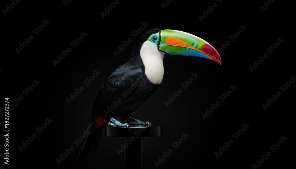 Naklejka premium A vibrant toucan perched on a stand, showcasing its colorful beak and plumage against a dark background.