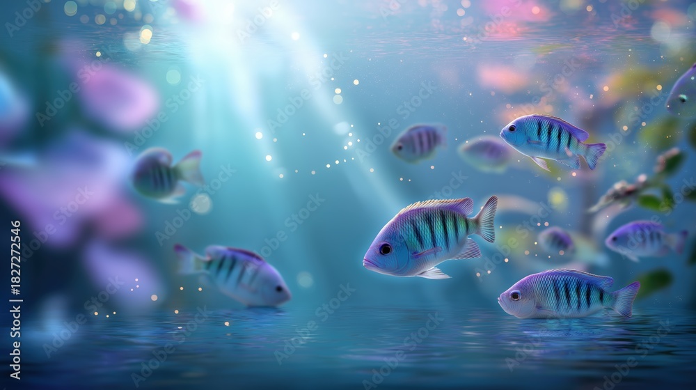Fototapeta premium Vibrant underwater aquatic scene featuring colorful tropical fish swimming in a crystal-clear ocean reef environment with natural marine biodiversity and scenic water habitat