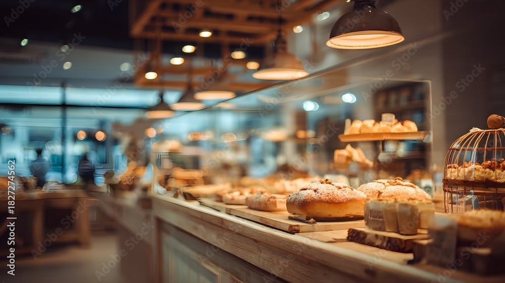 Naklejka premium Blurred background of a bakery with various pastries and bread on display.