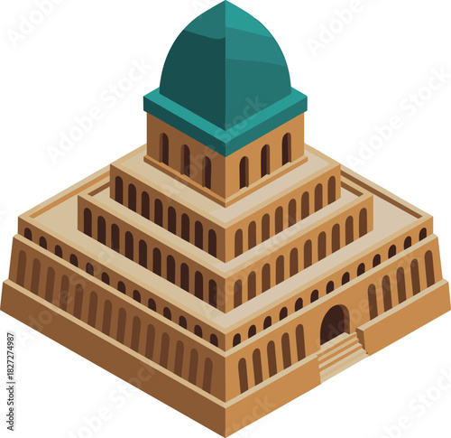 Ancient Step Pyramid Temple with Dome Vector Illustration