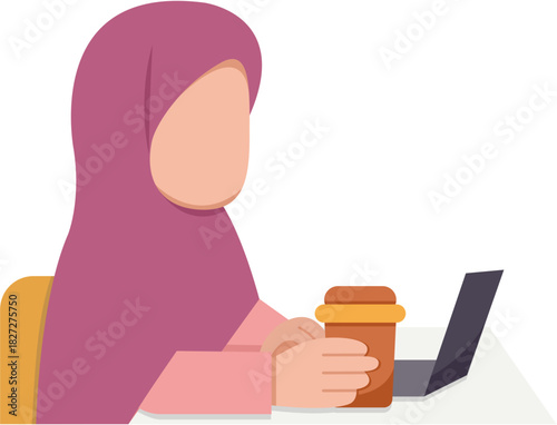 Muslim Woman Working At Desk Illustration