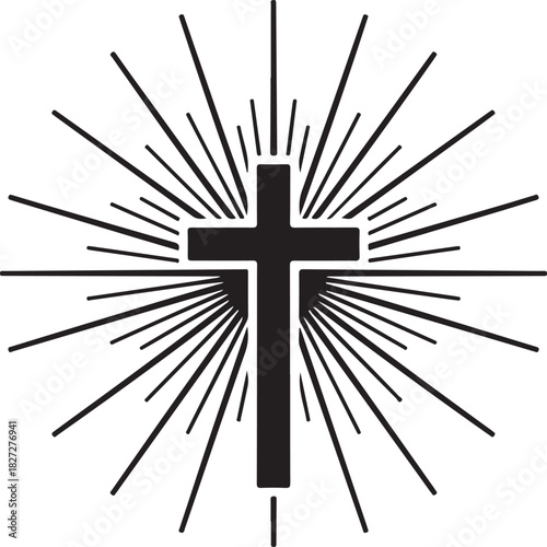 A black cross emitting radial lines symbolizing faith and spiritual energy