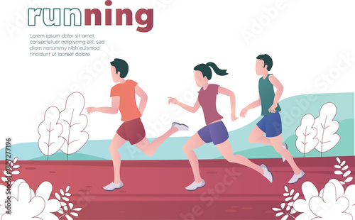 Two men and one woman are jogging for exercise. Simple design.