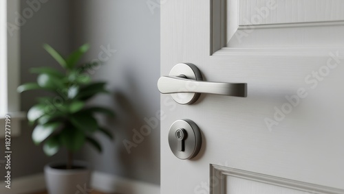 White door handle with potted plant indoors