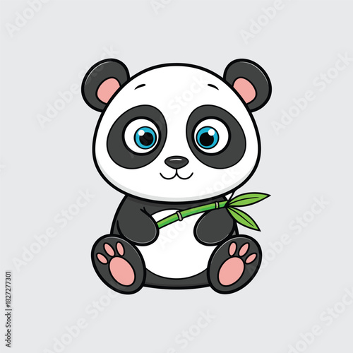 Cartoon Panda Bear Sitting And Holding Bamboo Stick Vector Illustration Animal Character Design With Black And White Fur Blue Eyes Pink Paws And Green Leaves Isolated On Plain Background